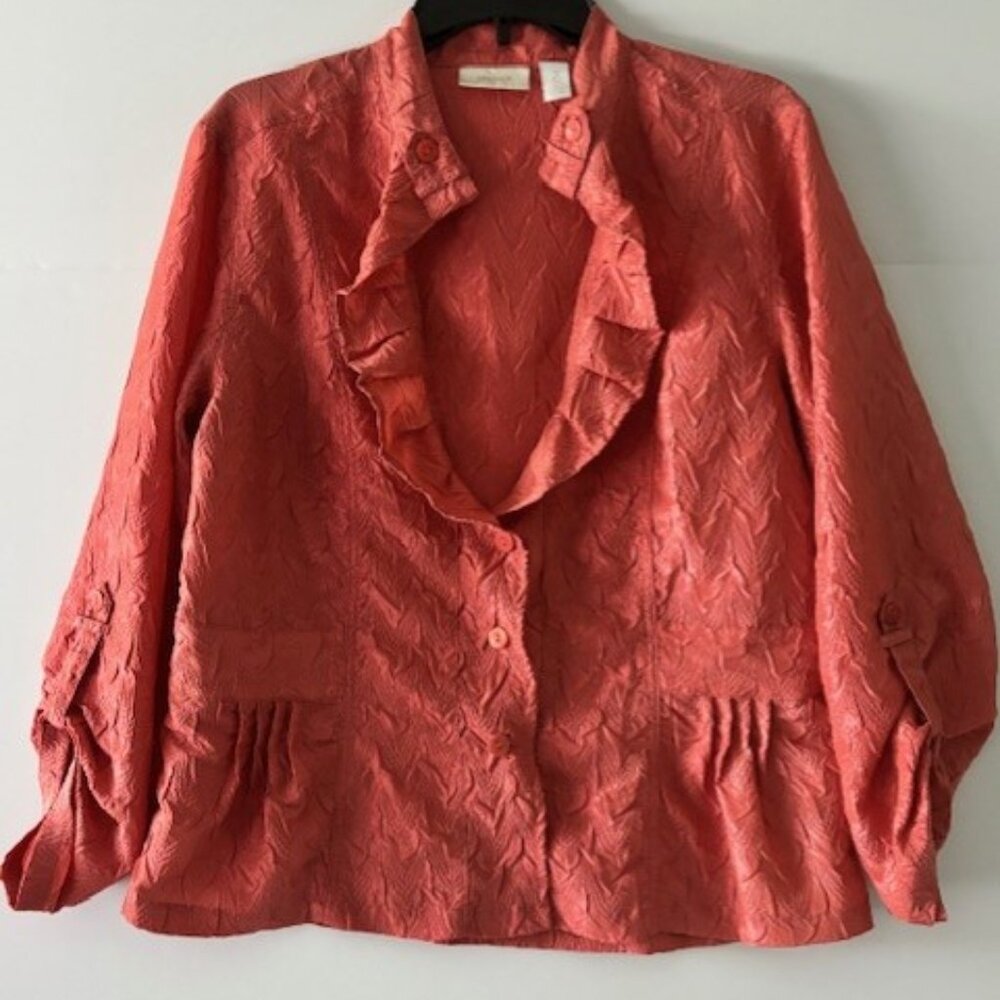 Chico's Jacket Top Womens Size 2 L Coral Ruffled Textured Long Roll Tab Sleeve